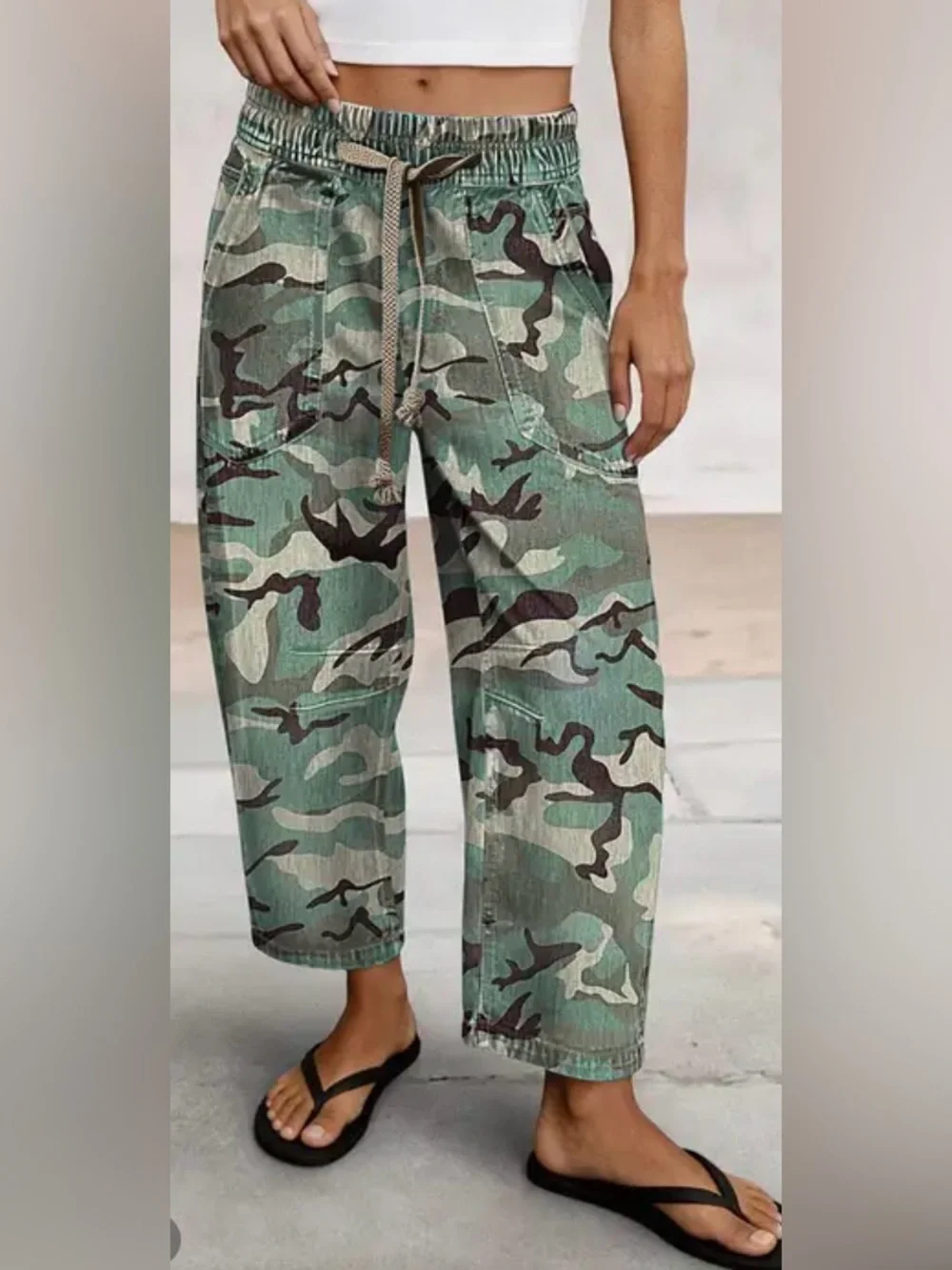 Flamingal Camo Drawstring Mid Waist Barrel Leg Crop Pants